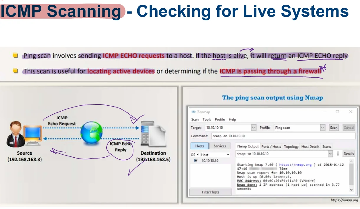 ICMP scanning: checking for live systems.