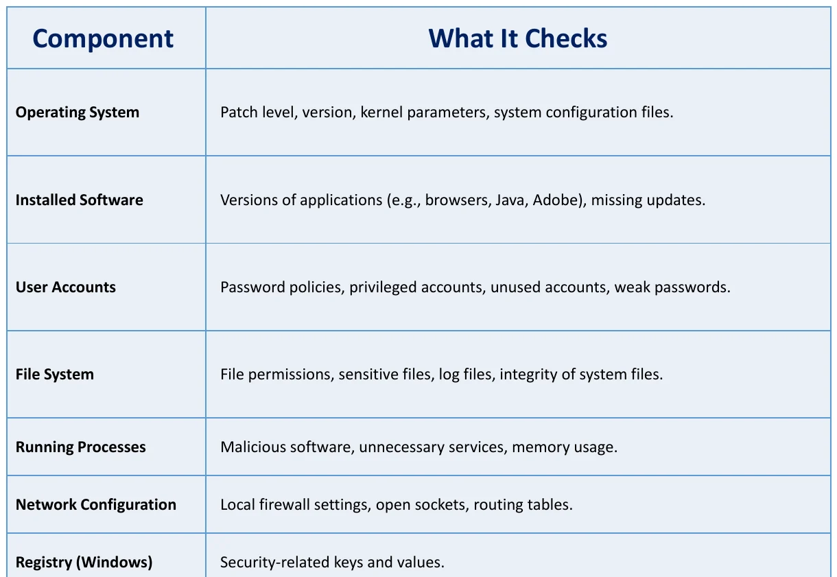 Host-based scan scope: what each component checks.