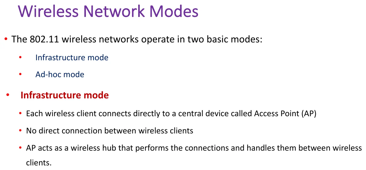 The two wireless network modes: infrastructure and ad-hoc.