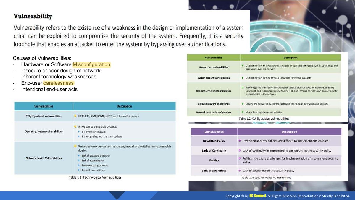 Slide 10: Causes of Vulnerabilities: - Hardware or Software Misconfiguration - Insecure or poor design of network - Inherent technology weaknesses - End-user carelessness