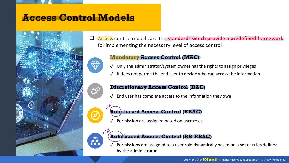 Slide 7: ❑ Access control models are the standards which provide a predefined framework for implementing the necessary level of access control