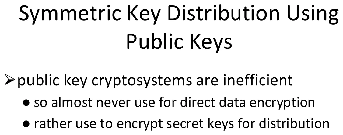Symmetric key distribution using public keys.
