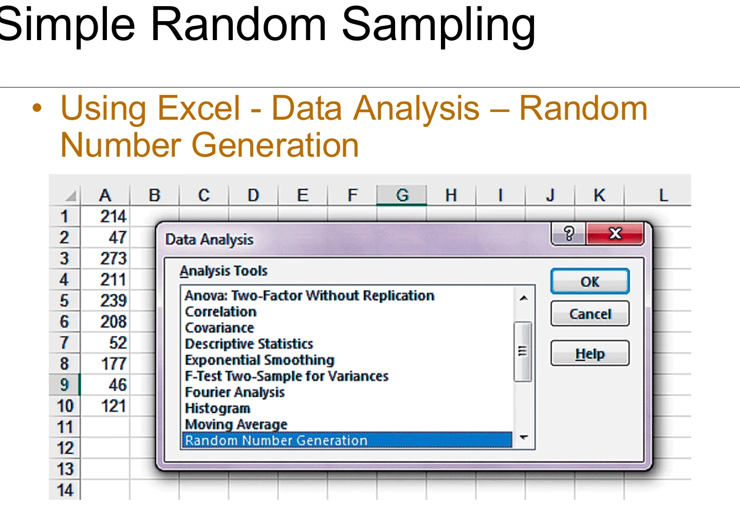 Generating random numbers with Excel's Data Analysis tool.
