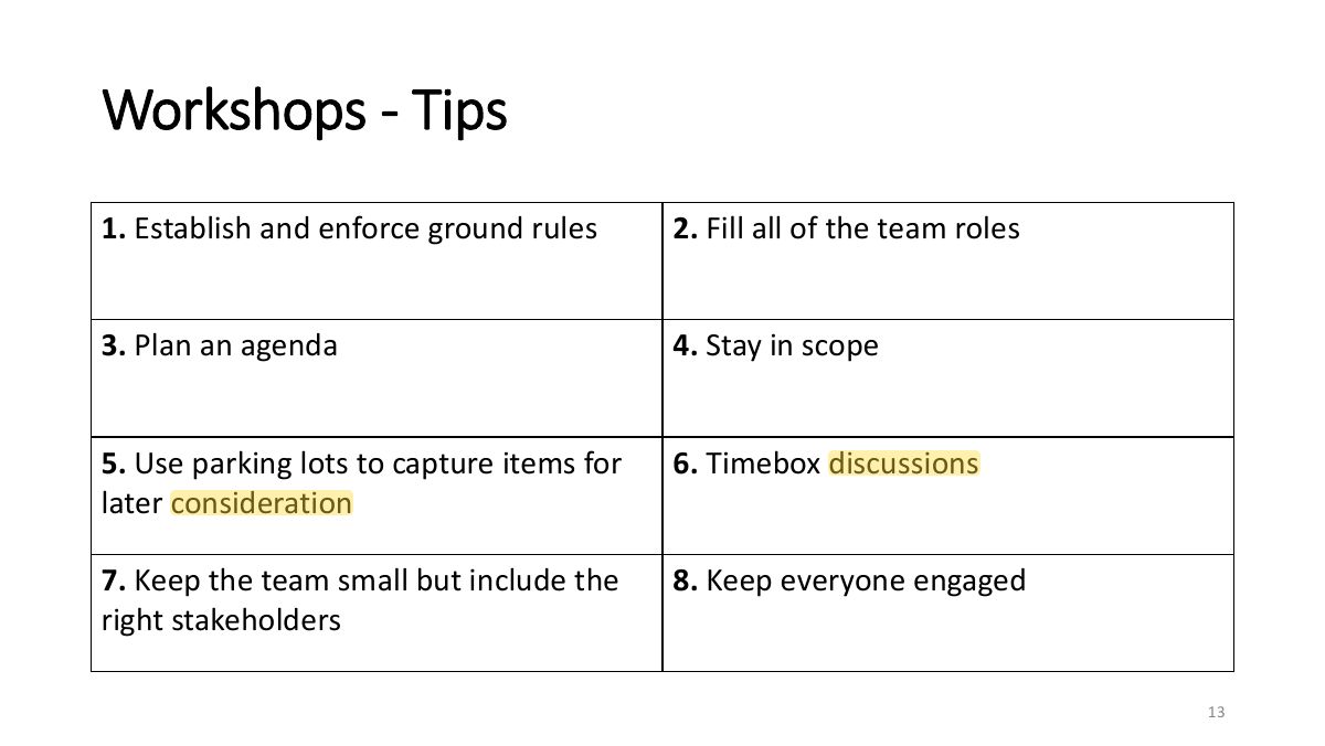 Slide 13: Workshops - Tips