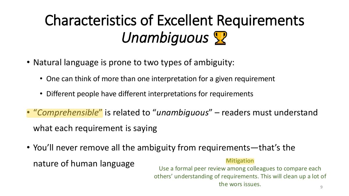 Slide 9: Characteristics of Excellent Requirements Unambiguous