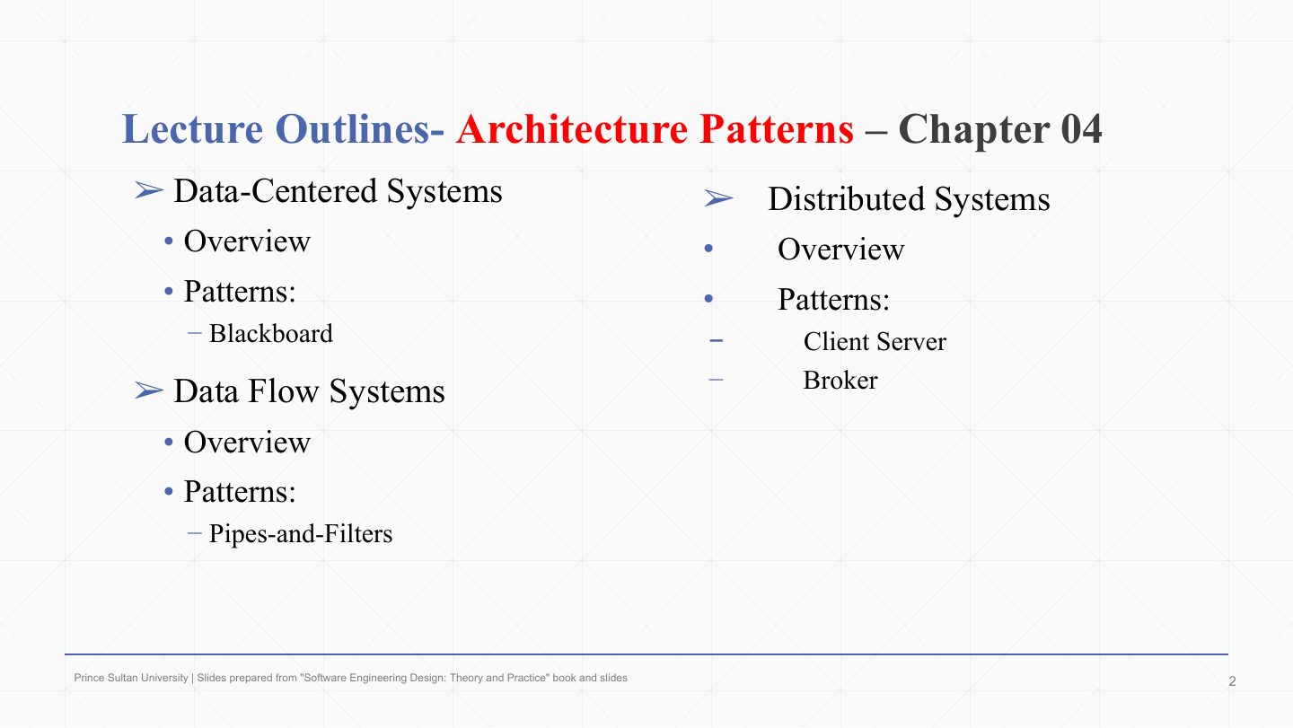 Slide 2: Lecture Outlines- Architecture Patterns Ð Chapter 04