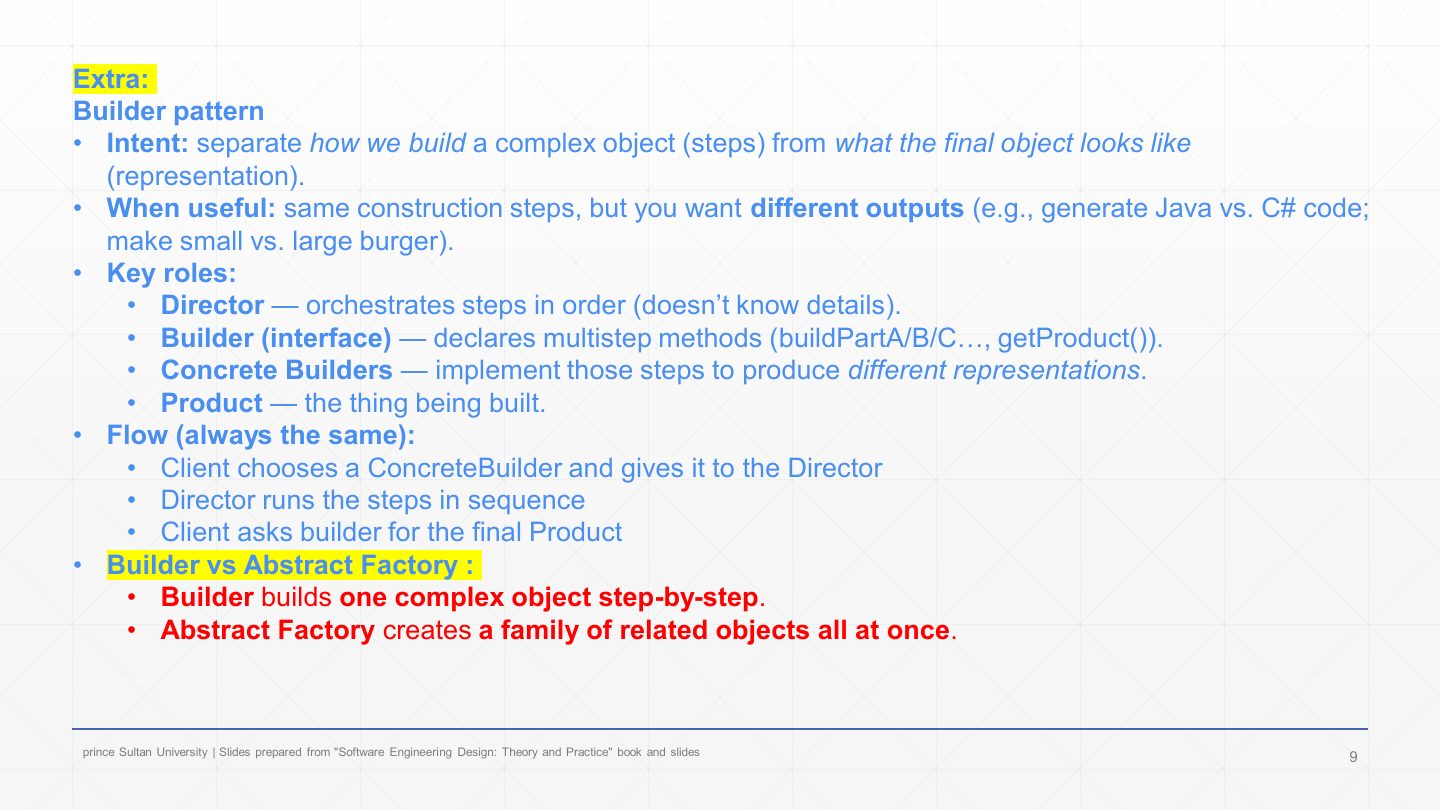 Slide 9: Extra: Builder pattern in one slide