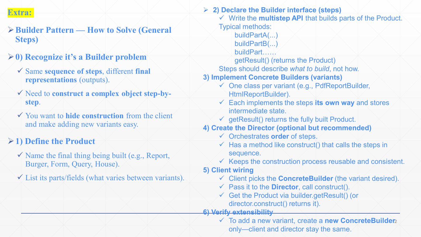 Slide 12: Extra: Builder Pattern – how to solve