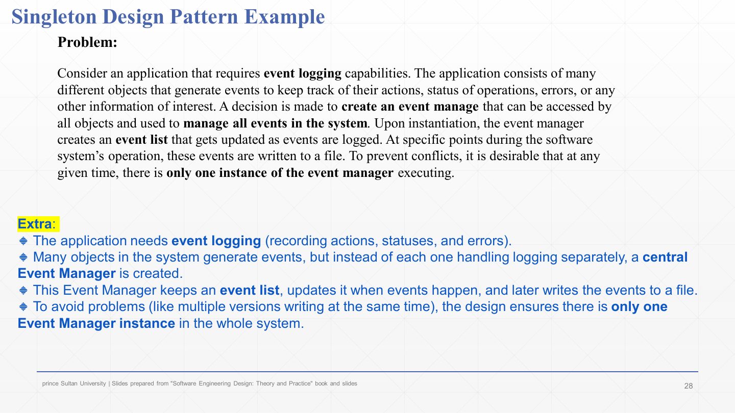 Slide 28: Singleton Design Pattern Example