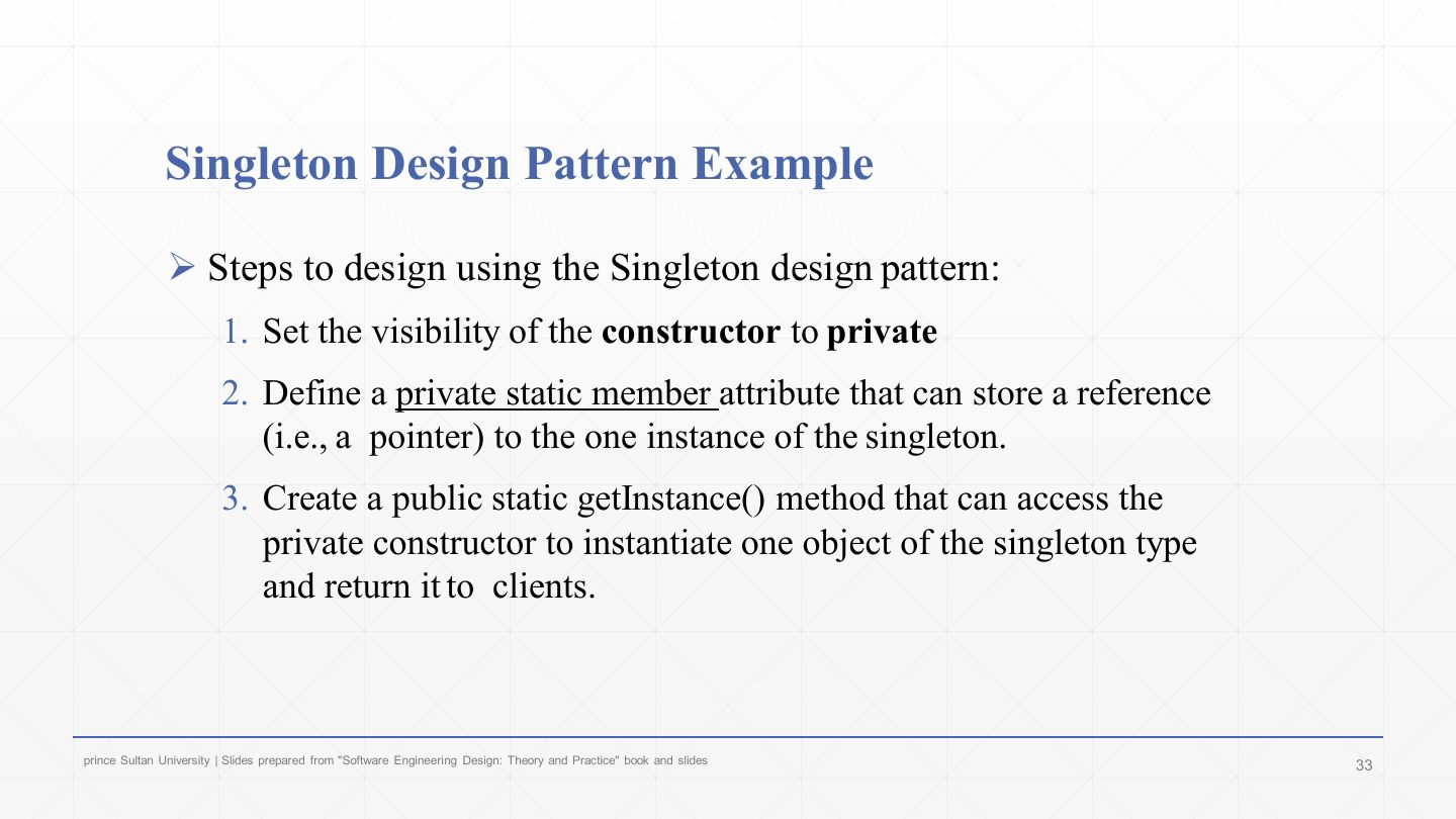 Slide 33: Singleton Design Pattern Example