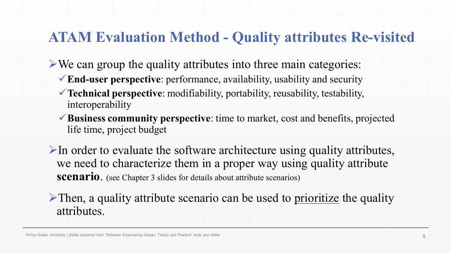 Slide 9: ATAM Evaluation Method - Quality attributes Re-visited