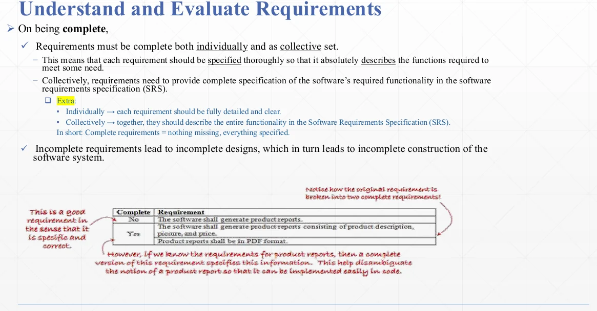 A completeness check over a set of requirements.