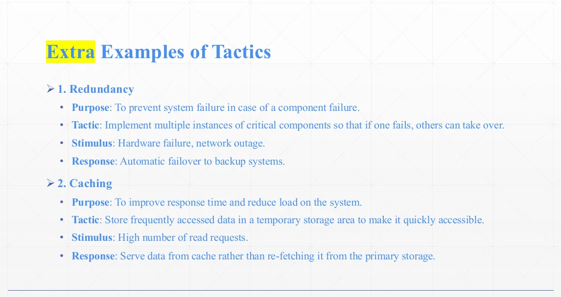 Examples of tactics for reaching a quality attribute.