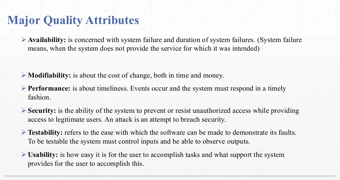 The major quality attributes and what each one means.