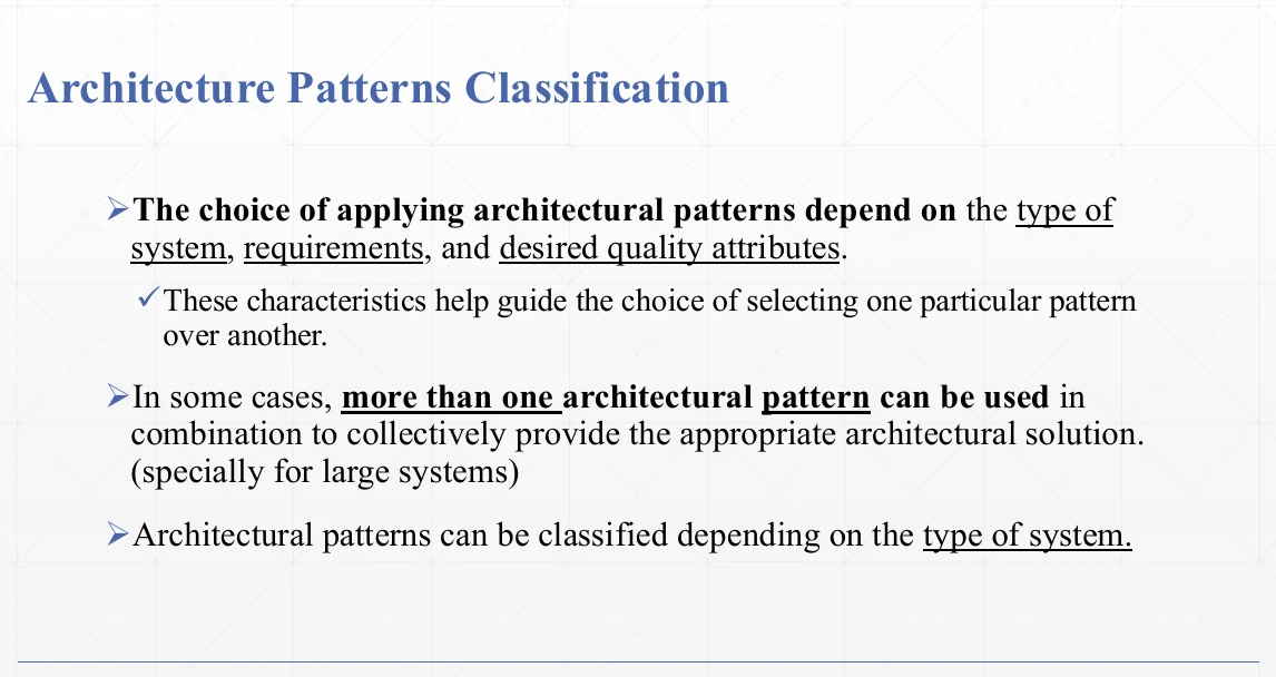 Architecture patterns classified by the type of system they suit.