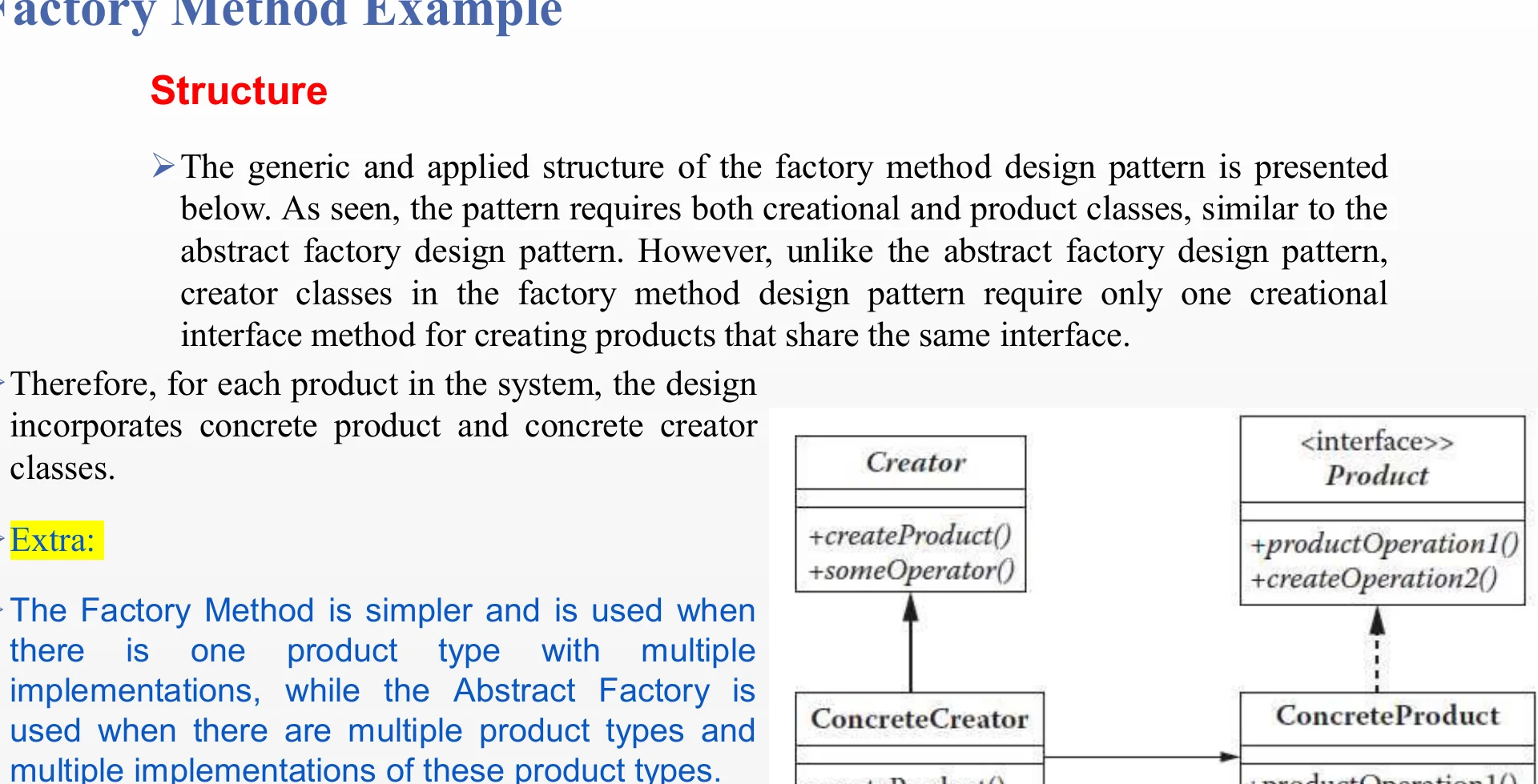 The Factory Method structure: creator, concrete creator, product, concrete product.
