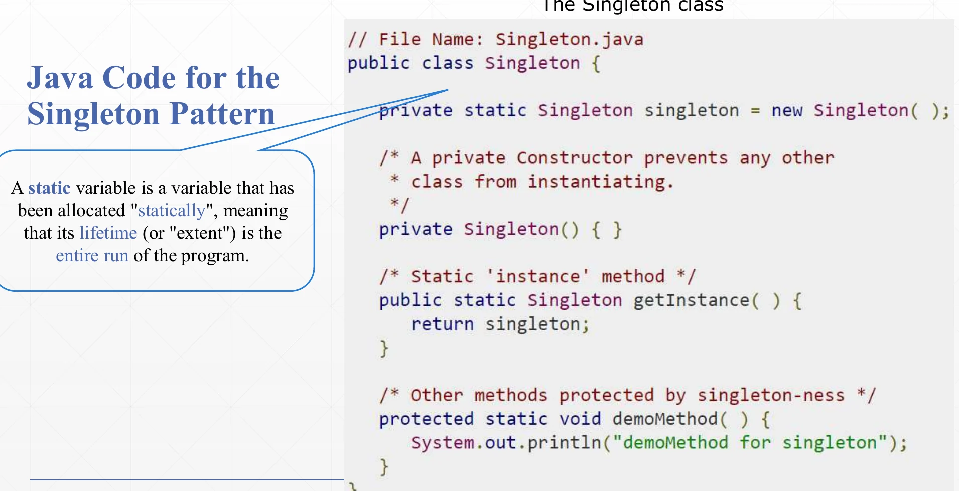 Java code for the Singleton class.