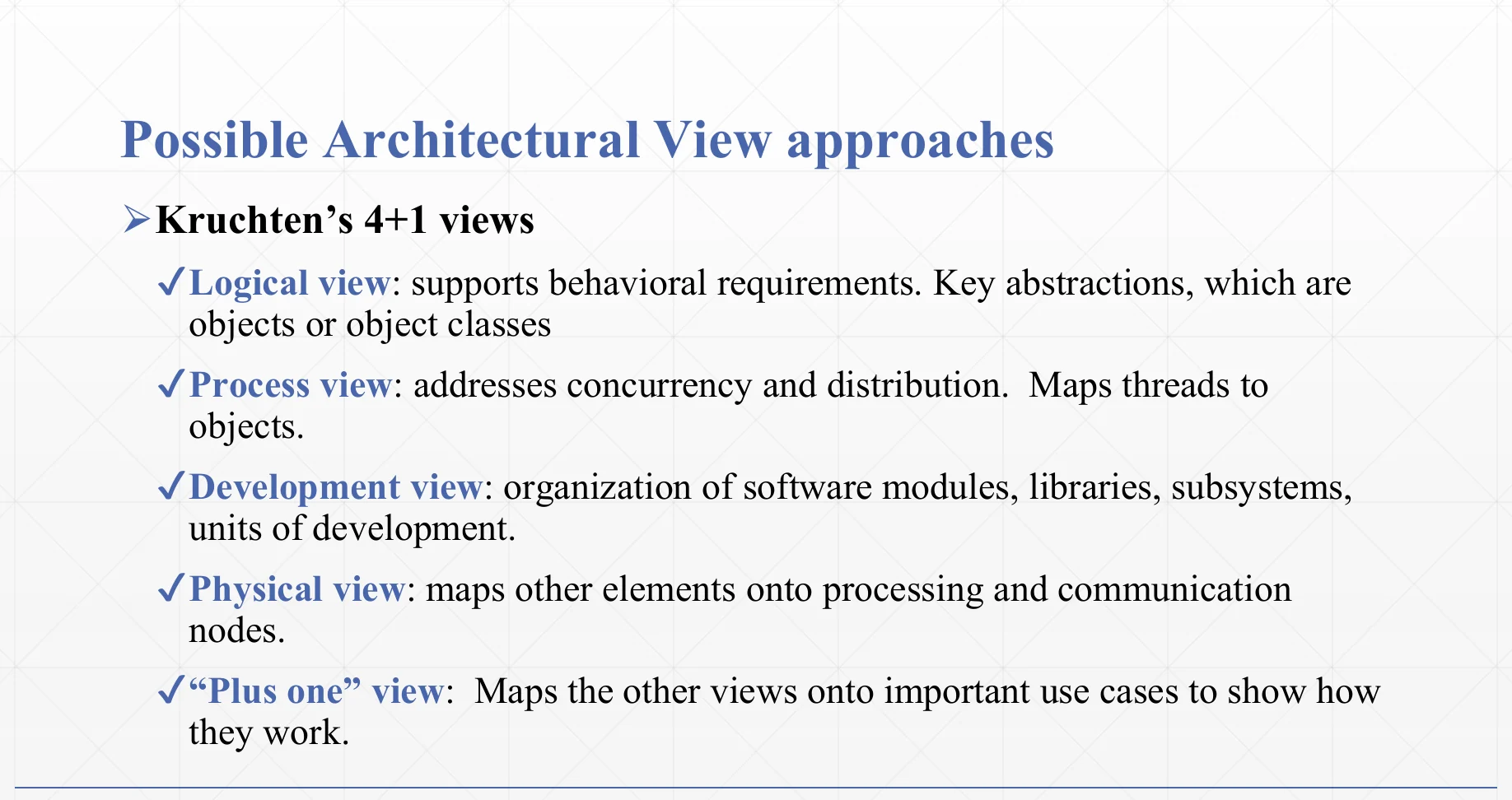 Kruchten's 4+1 views as a documentation approach.