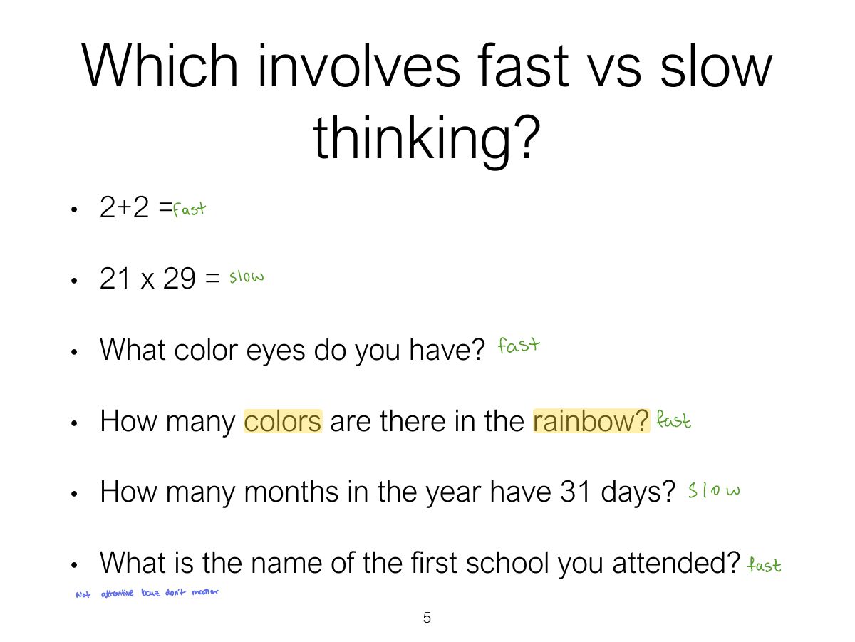 Slide 5: Which involves fast vs slow thinking?