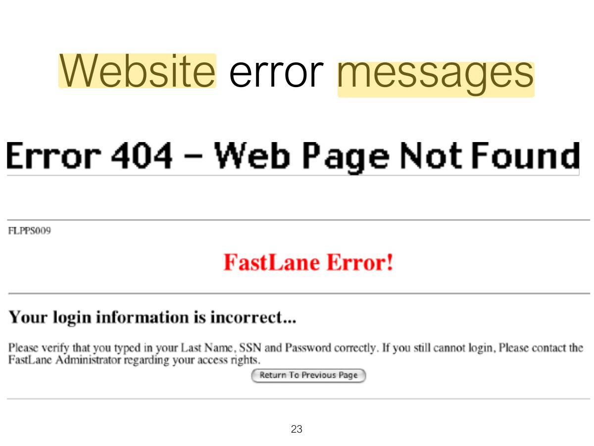 Slide 23: Website error messages