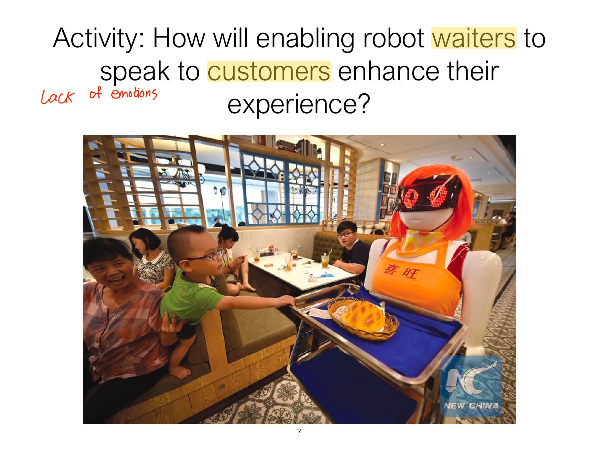 Slide 7: Activity: How will enabling robot waiters to speak to customers enhance their