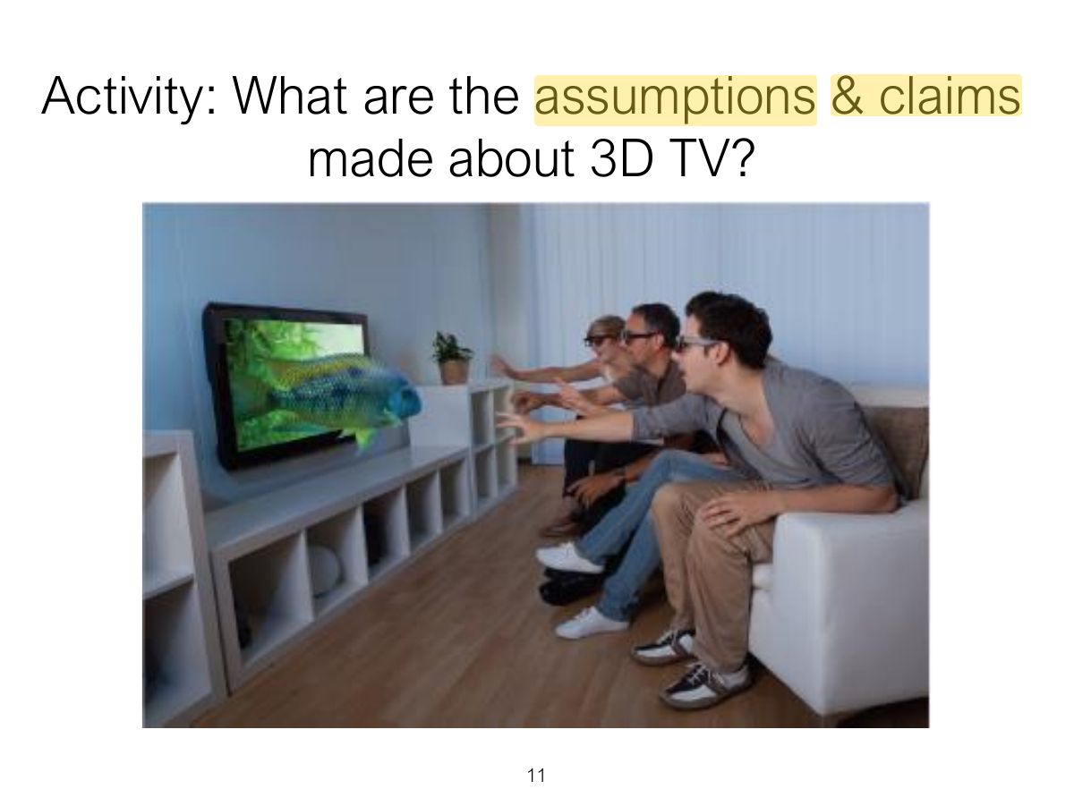 Slide 11: Activity: What are the assumptions & claims made about 3D TV?