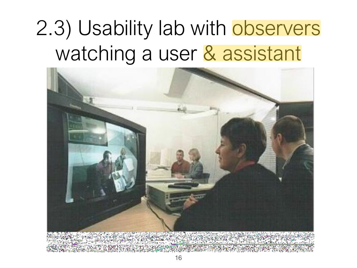 Slide 16: 2.3) Usability lab with observers watching a user & assistant