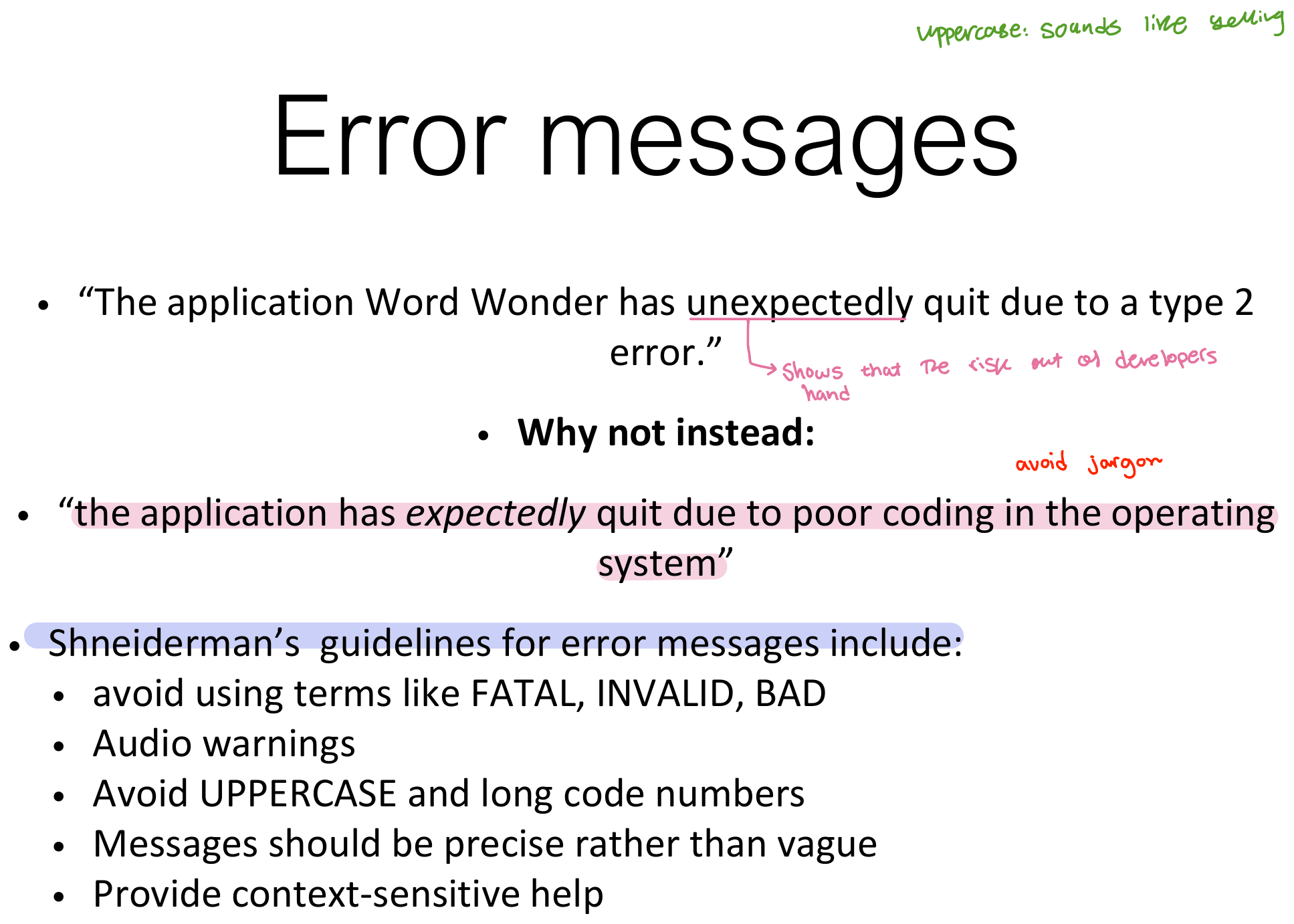 Error messages and Shneiderman's guidelines for them.