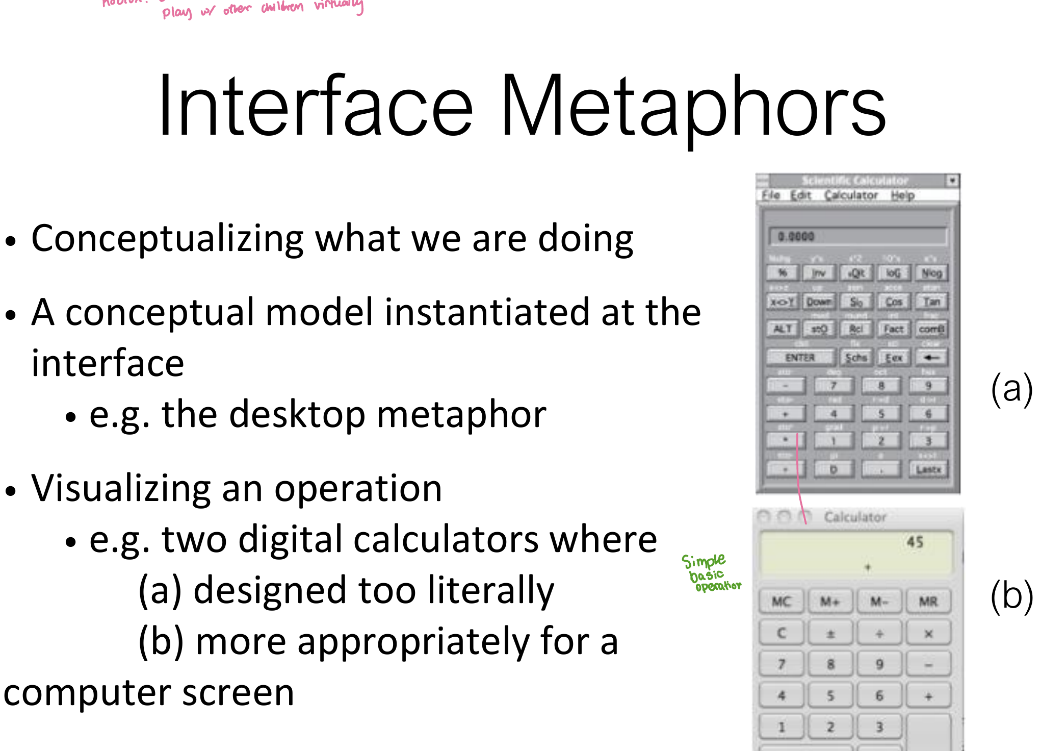 Interface metaphors: calculators designed too literally against appropriately.