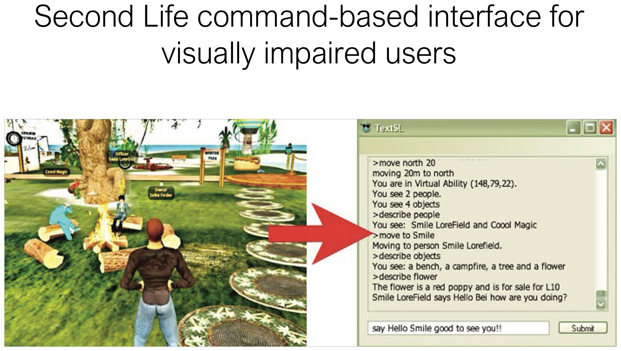 A command-based interface for visually impaired users in Second Life.