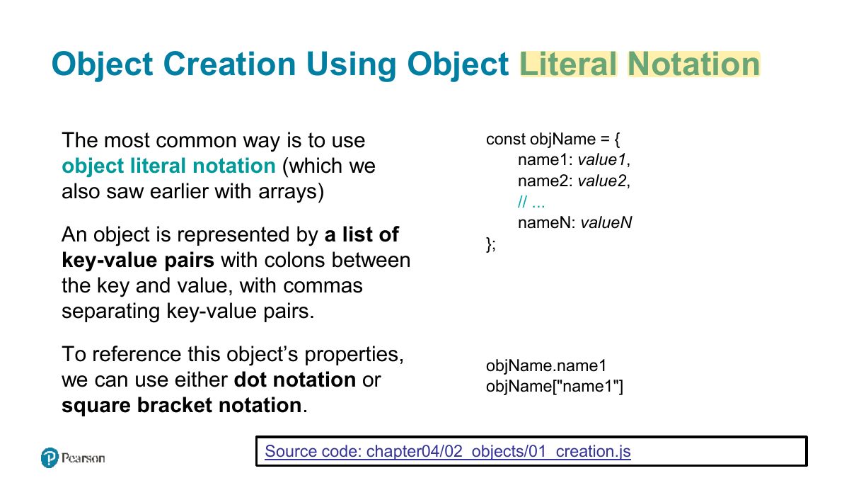Slide 31: Object Creation Using Object Literal Notation