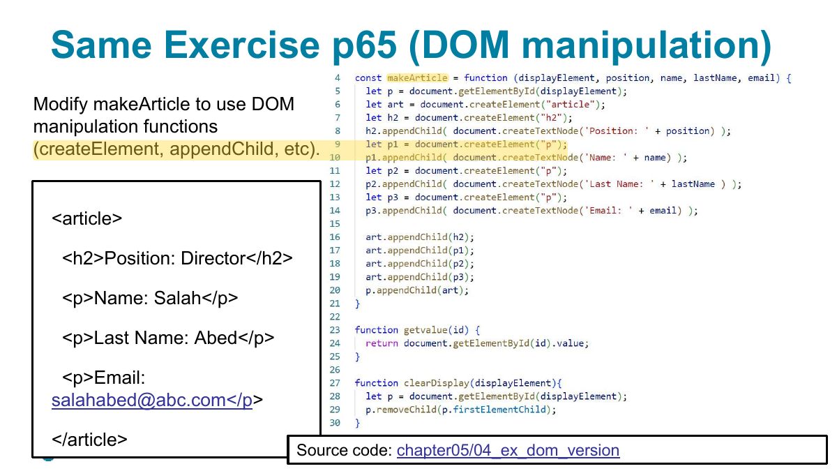 Slide 20: Same Exercise p65 (DOM manipulation)
