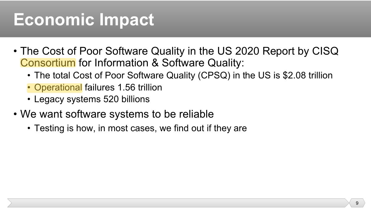 Slide 9: • The Cost of Poor Software Quality in the US 2020 Report by CISQ Consortium for Information & Software Quality: