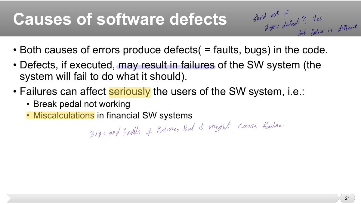 Slide 21: • Both causes of errors produce defects( = faults, bugs) in the code. • Defects, if executed, may result in failures of the SW system (the