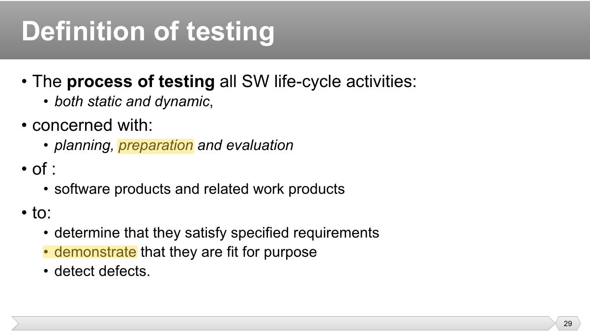 Slide 29: • The process of testing all SW life-cycle activities: