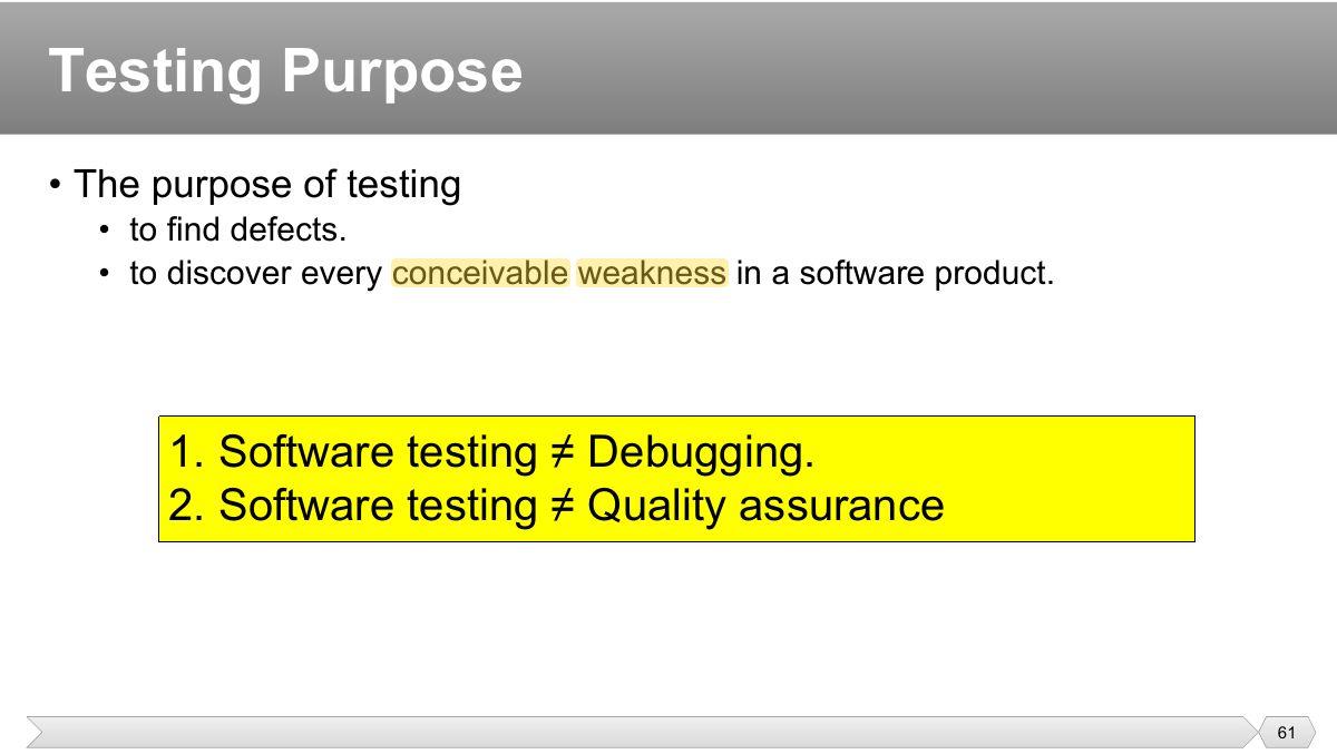 Slide 61: • The purpose of testing