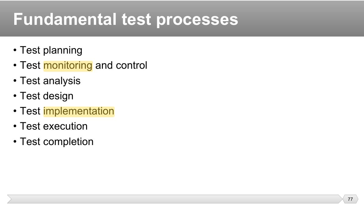 Slide 77: • Test planning • Test monitoring and control