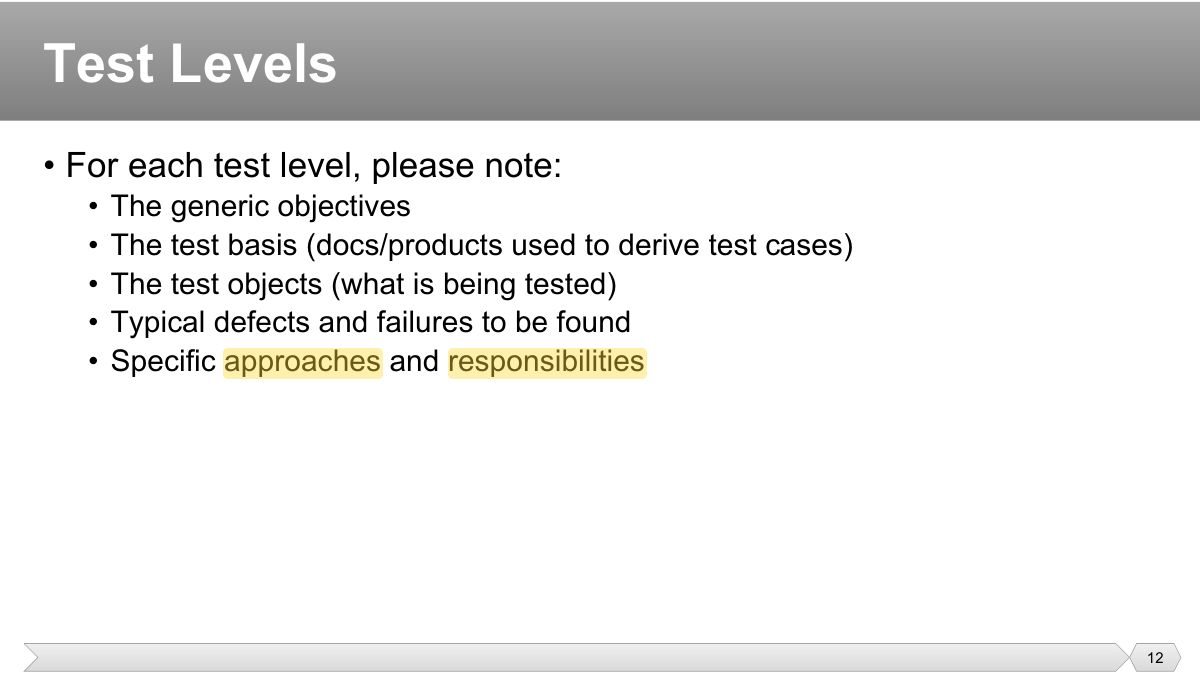 Slide 12: • For each test level, please note: