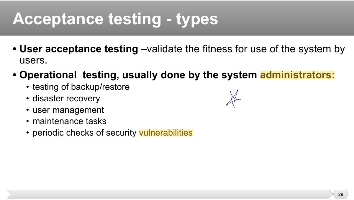 Slide 29: • User acceptance testing – validate the fitness for use of the system by users.
