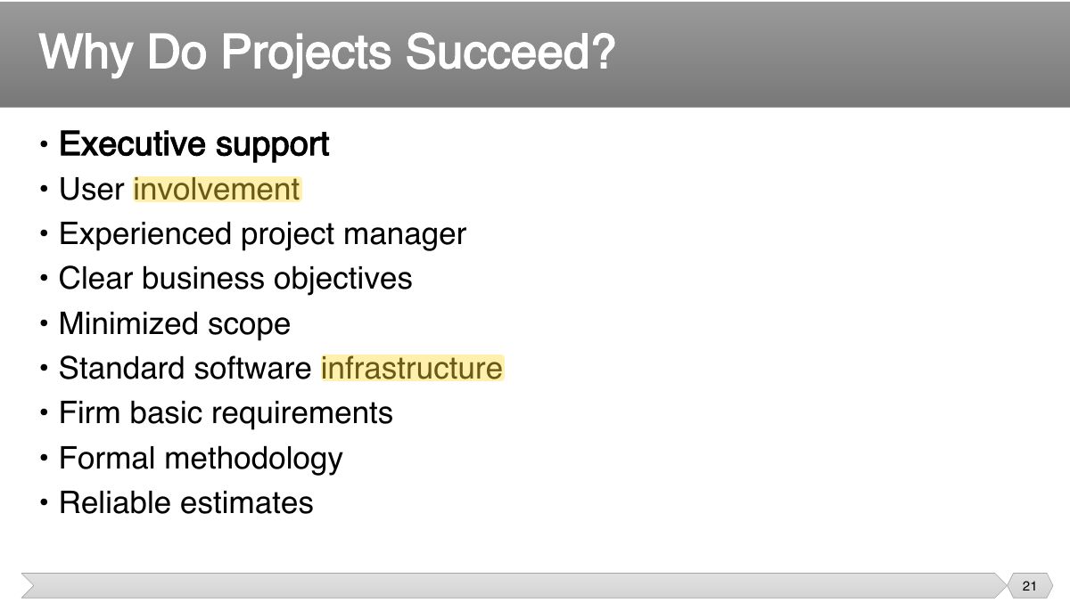 Slide 21: • Executive support • User involvement