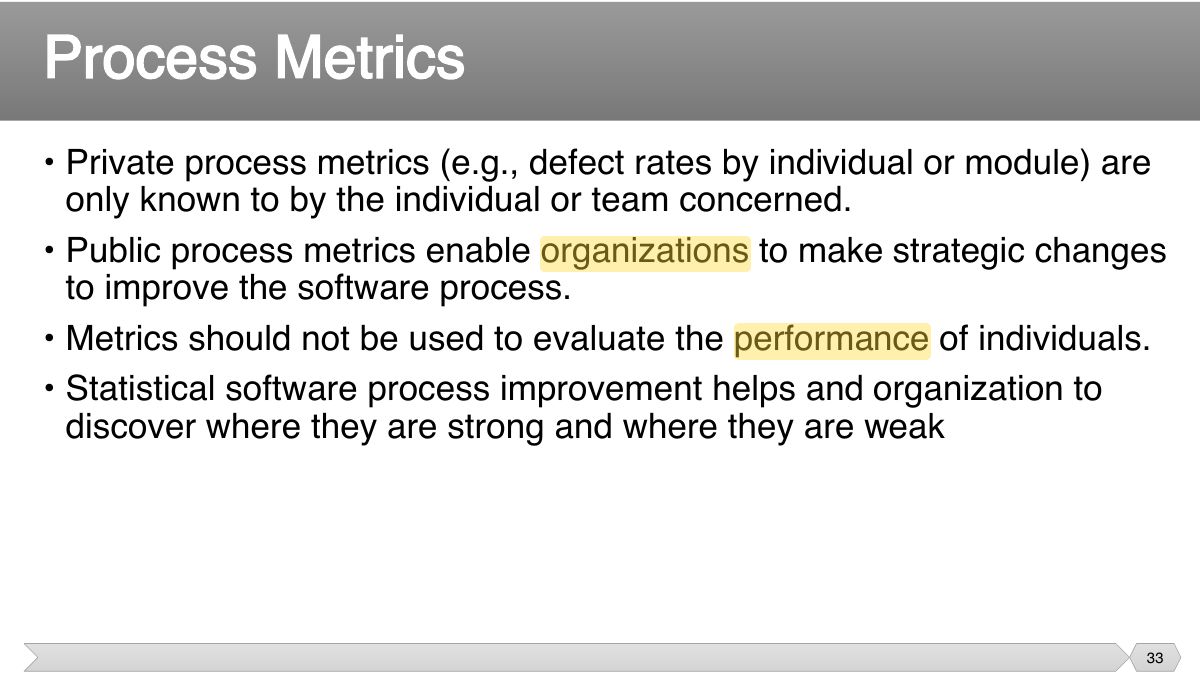 Slide 33: • Private process metrics (e.g., defect rates by individual or module) are only known to by the individual or team concerned.