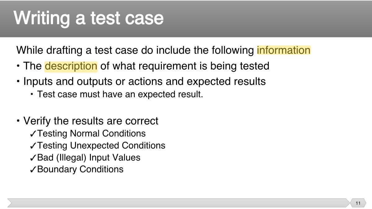 Slide 11: While drafting a test case do include the following information • The description of what requirement is being tested