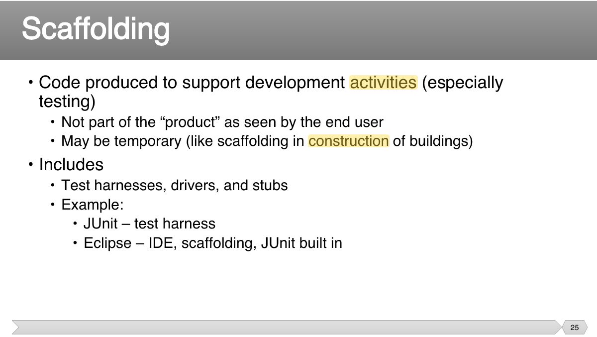 Slide 25: • Code produced to support development activities (especially testing)