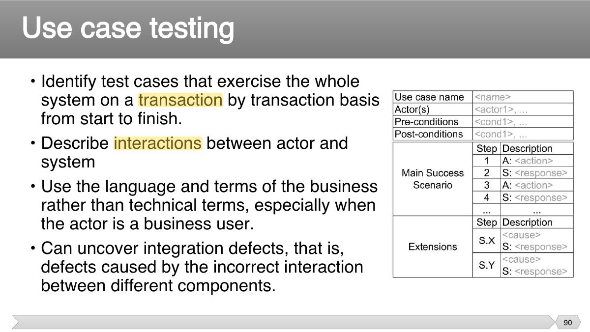 Slide 90: • Identify test cases that exercise the whole system on a transaction by transaction basis