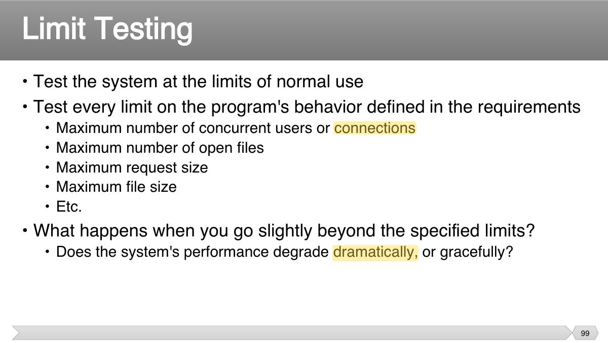 Slide 99: • Test the system at the limits of normal use • Test every limit on the program's behavior defined in the requirements