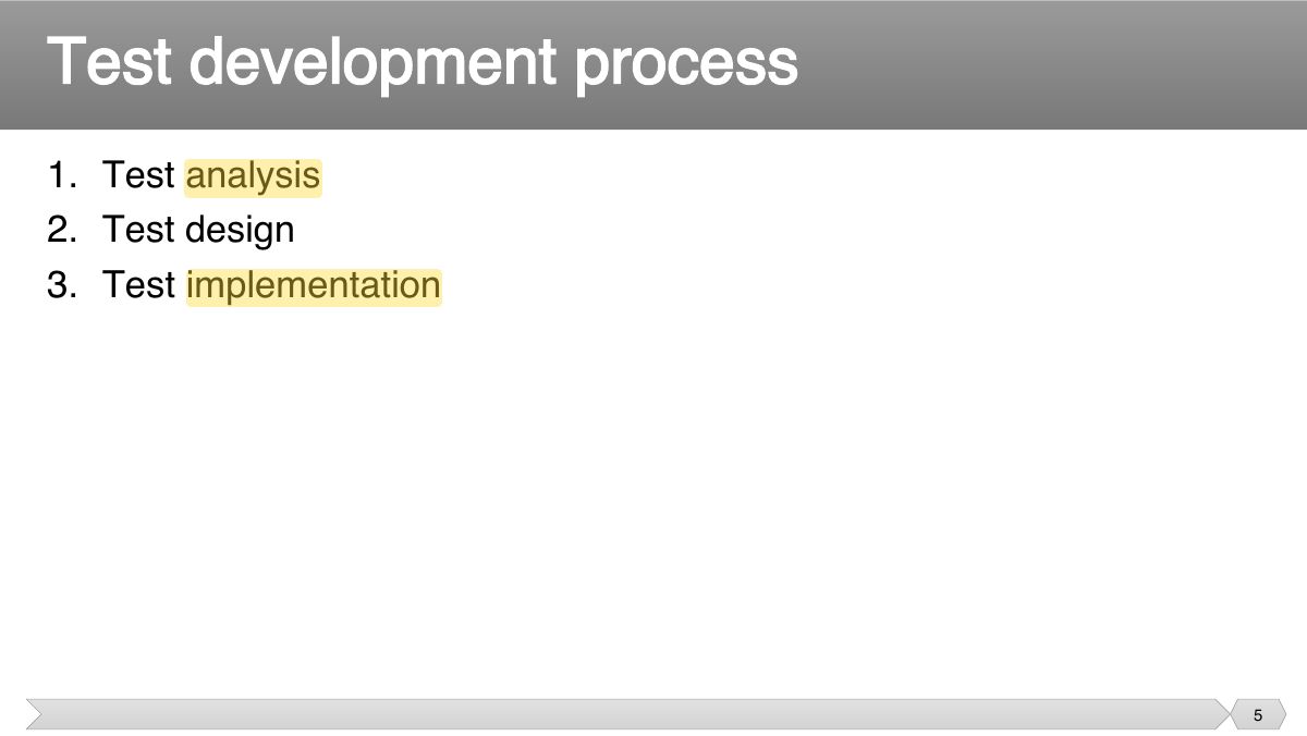 Slide 5: 1. Test analysis 2. Test design