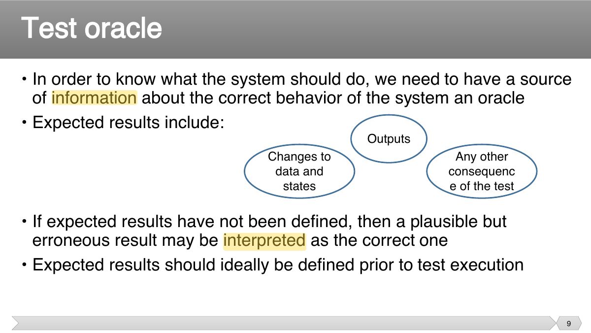 Slide 9: • In order to know what the system should do, we need to have a source of information about the correct behavior of the system an oracle