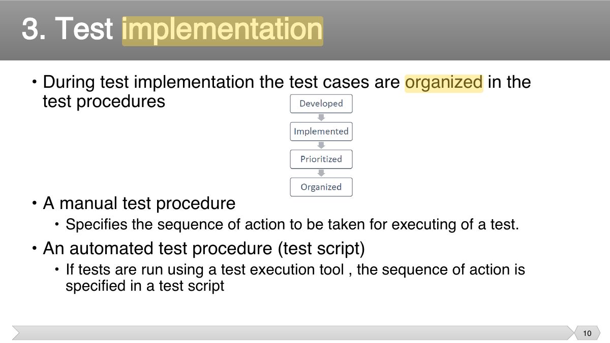 Slide 10: • During test implementation the test cases are organized in the test procedures