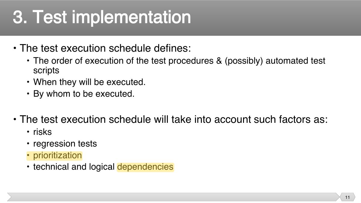Slide 11: • The test execution schedule defines: