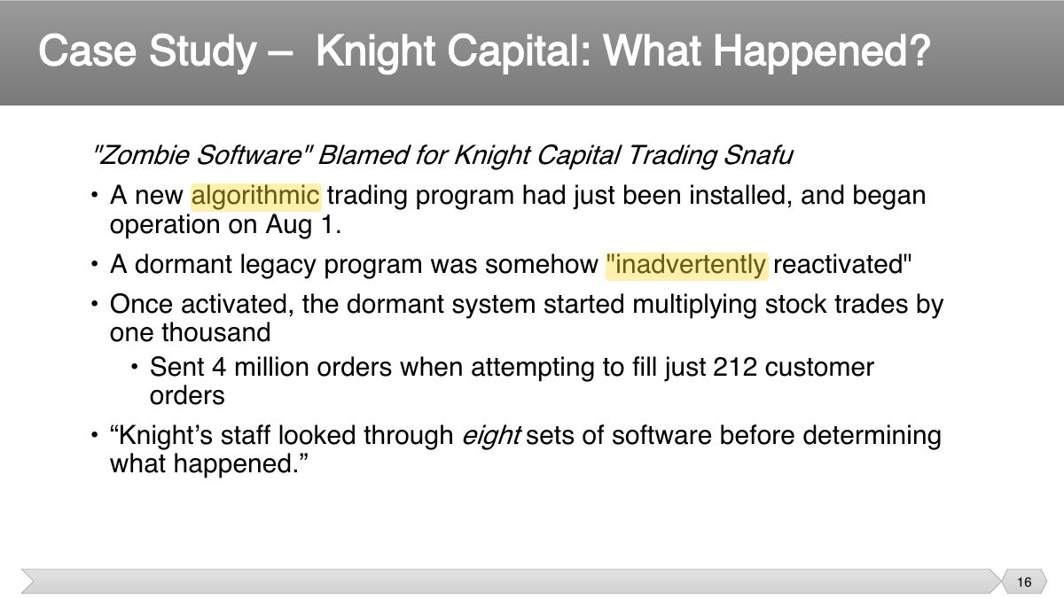 Slide 16: "Zombie Software" Blamed for Knight Capital Trading Snafu • A new algorithmic trading program had just been installed, and began